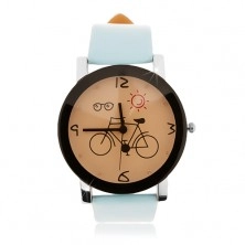 Zegarek na rękę, duży cyferblat z obrazkiem roweru, jasnoniebieski pasek