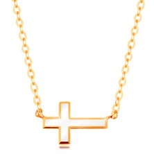 Naszyjnik z żółtego złota 585 - biały emaliowany krzyżyk, lśniący łańcuszek