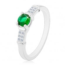 Zaręczynowy pierścionek, srebro 925, cyrkoniowe ramiona, okrągła zielona cyrkonia