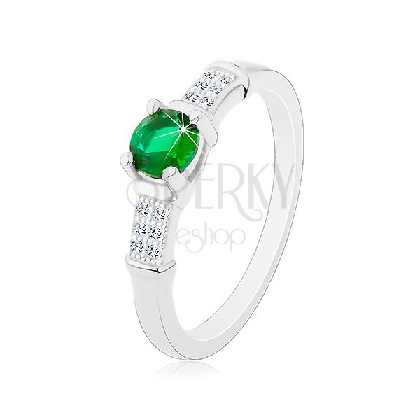 Zaręczynowy pierścionek, srebro 925, cyrkoniowe ramiona, okrągła zielona cyrkonia