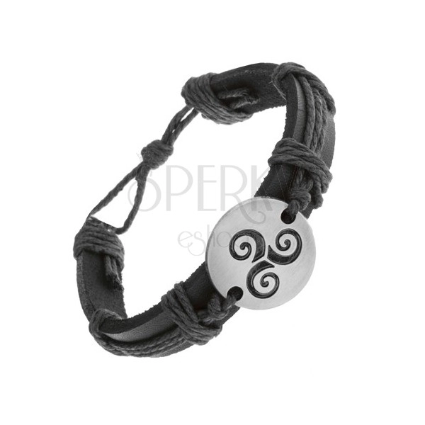 Bransoletka z czarnej syntetycznej skóry i sznurków, koło z czarną spiralą Tribal