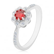 Srebrny rodowany pierścionek 925, błyszczący kwiatek z czerwono-różową cyrkonią