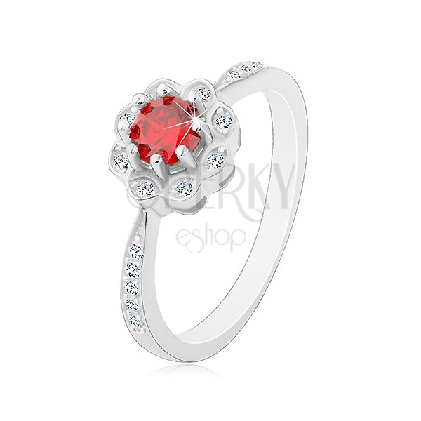 Srebrny rodowany pierścionek 925, błyszczący kwiatek z czerwono-różową cyrkonią