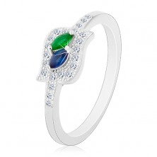 Srebrny pierścionek 925, niebieskie i zielone ziarenko w bezbarwnym konturze, rodowany