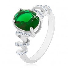 Zaręczynowy rodowany pierścionek, srebro 925, owalna zielona cyrkonia, błyszczące spirale