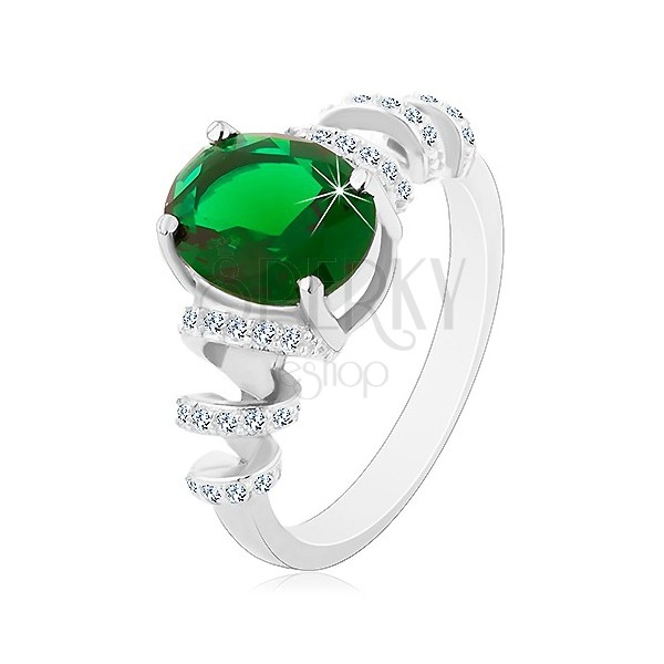 Zaręczynowy rodowany pierścionek, srebro 925, owalna zielona cyrkonia, błyszczące spirale