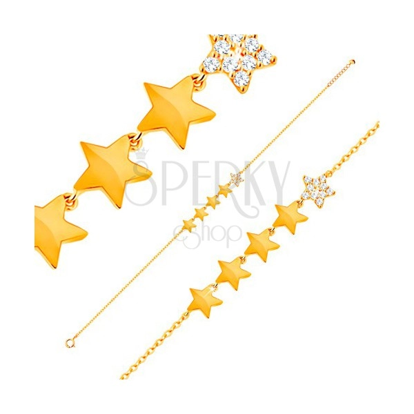 Złota 14K bransoletka - linia pięciu gwiazdeczek, łańcuszek z owalnych ogniw, 180 mm