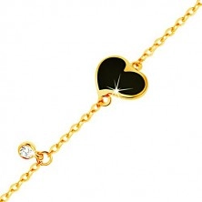 Złota bransoletka 585 - czarne asymetryczne serce i bezbarwna cyrkonia, cienki łańcuszek, 180 mm