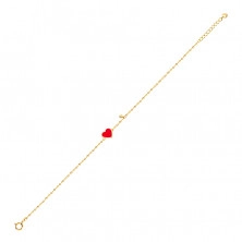 Złota 14K bransoletka - czerwone emaliowane serce i bezbarwna cyrkonia, cienki łańcuszek, 180 mm