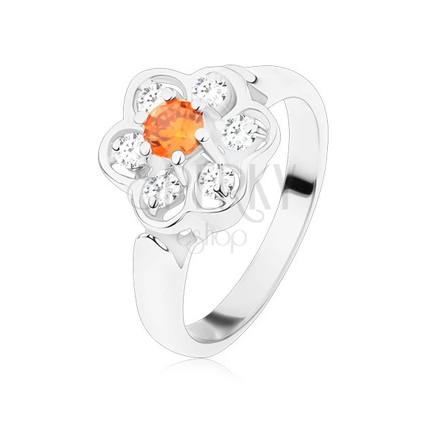 Pierścionek w srebrnym odcieniu, błyszczący przezroczysty kwiatek z pomarańczowym środkiem