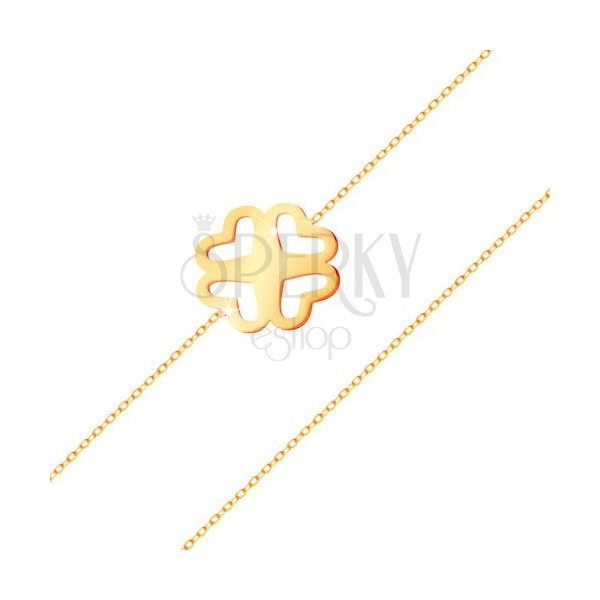 Bransoletka z żółtego złota 585 - cienki łańcuszek, powycinana czterolistna koniczynka
