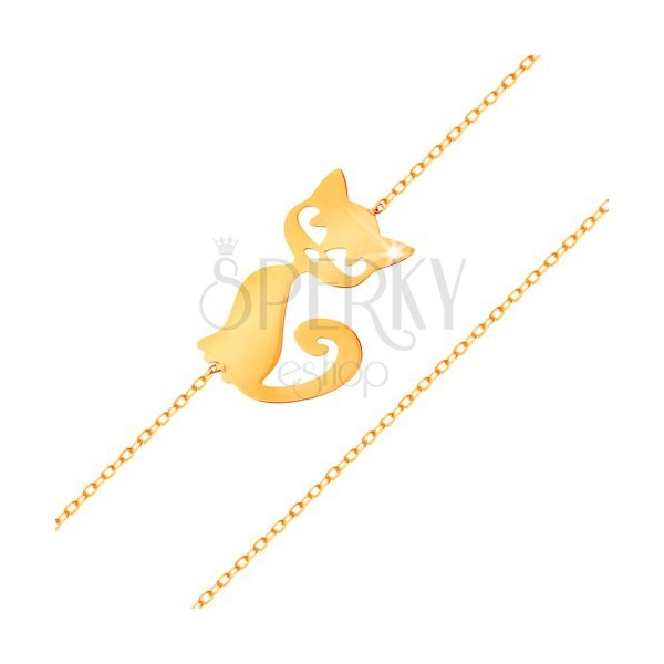 Złota bransoletka 585 - subtelny błyszczący łańcuszek, płaska zawieszka - kotek