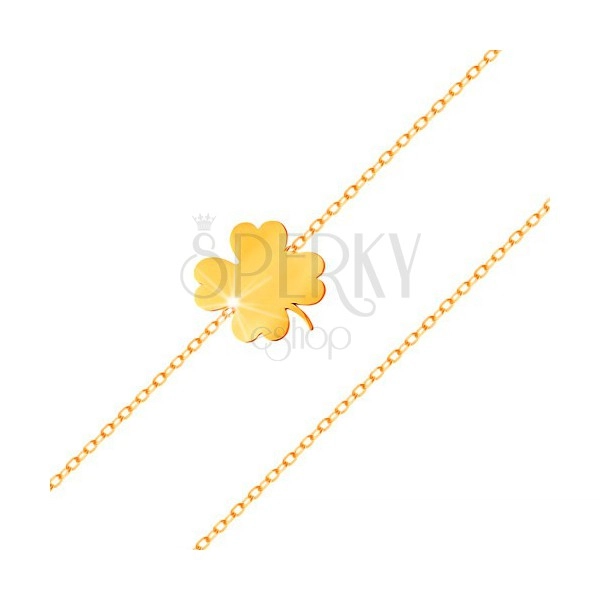 Bransoletka z żółtego 585 złota - lśniąca koniczynka, cienki łańcuszek z owalnych ogniw