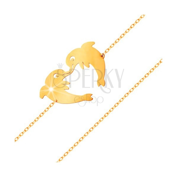 Złota bransoletka 585 - dwa delfiny tworzące kontur serduszka, subtelny łańcuszek