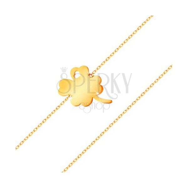 Bransoletka z żółtego 585 złota - czterolistna koniczynka z wycięciem serduszka, lśniący łańcuszek