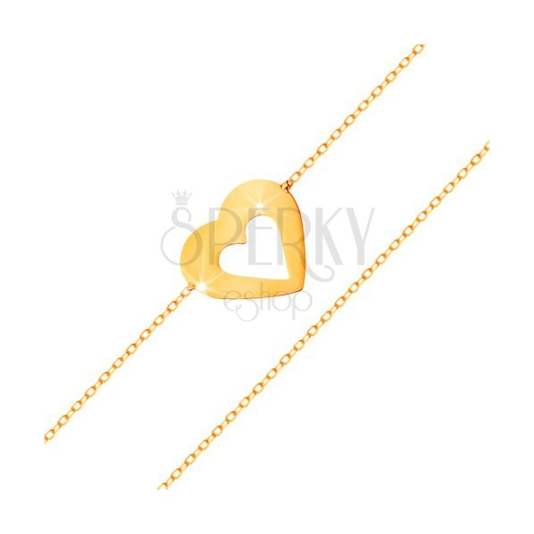 Bransoletka z żółtego 585 złota - subtelny łańcuszek, płaskie serce z wycięciem w środku