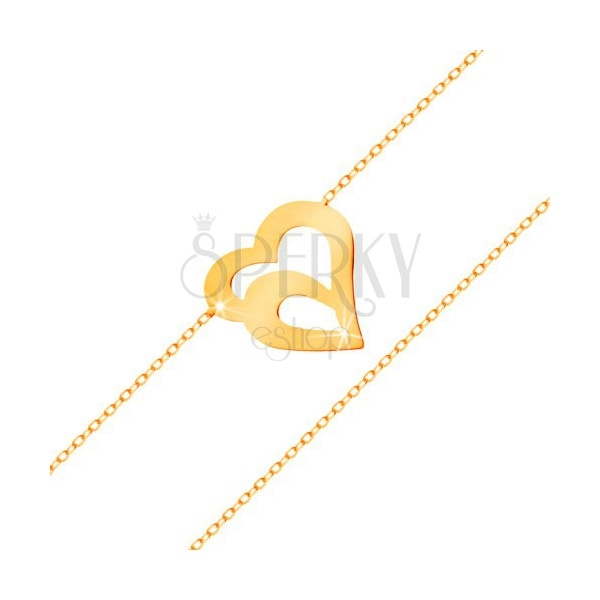 Złota bransoletka 585 - subtelny łańcuszek z owalnych ogniw, podwójny kontur serca