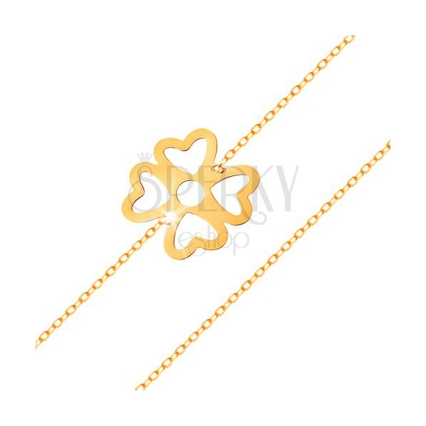 Bransoletka z żółtego złota 585 - symbol szczęścia czterolistna koniczynka z wycięciami, lśniący łańcuszek