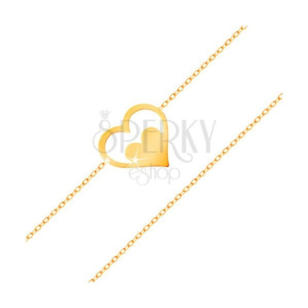 Bransoletka z żółtego 14K złota - kontur serca z serduszkiem, cienki łańcuszek