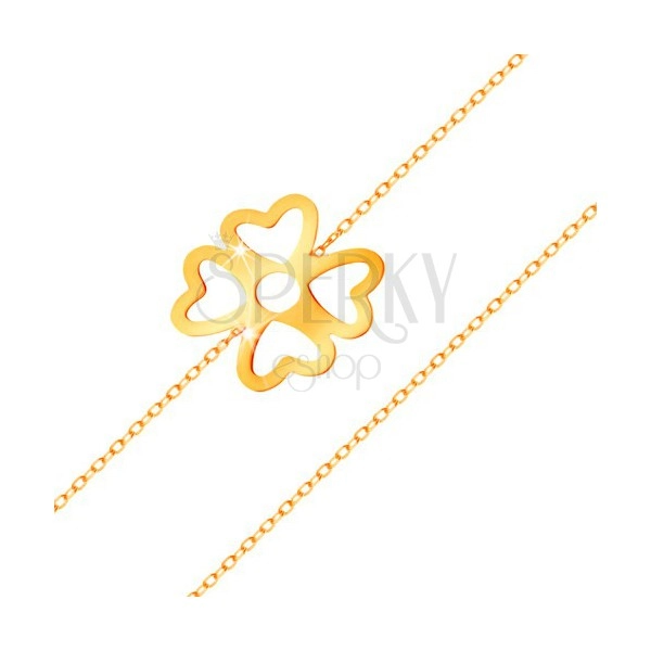 Bransoletka z żółtego złota 585 - koniczynka na szczęście z wycięciami, lśniący łańcuszek