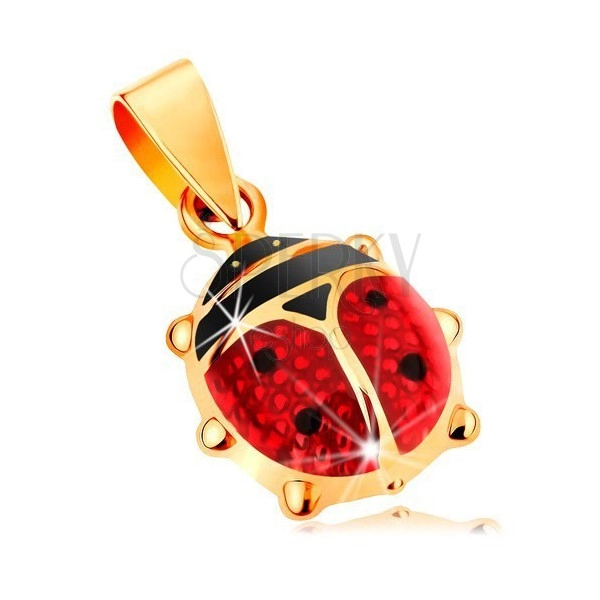 Złota 585 zawieszka - większa wypukła biedronka pokryta czerwoną i czarną emalią