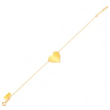 Bransoletka z żółtego 14K złota - lśniące płaskie serce, błyszczący cienki łańcuszek