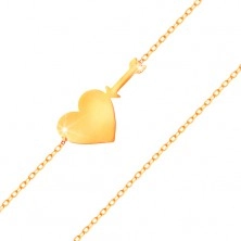 Bransoletka z żółtego złota 585 - cienki błyszczący łańcuszek, lśniące płaskie serce i strzała