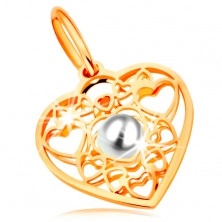 Zawieszka z żółtego złota 585 - serce ozdobione zarysami serduszek z białą perłą w środku