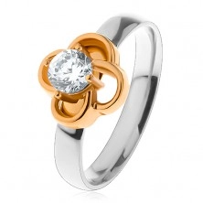 Stalowy pierścionek w srebrnym odcieniu, kwiatek złotego koloru z bezbarwną cyrkonią