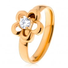 Stalowy pierścionek w złotym odcieniu, kwiatek, podwyższona okrągła cyrkonia bezbarwnego koloru