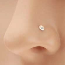 Piercing do nosa z żółtego 14K złota - błyszcząca bezbarwna cyrkonia w lśniącej oprawie, 1,5 mm