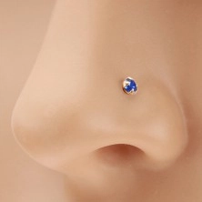 Piercing do nosa w żółtym 14K złocie - drobna cyrkonia ciemnoniebieskiego koloru, 1,5 mm