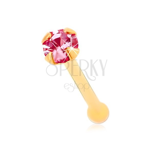 Złoty 585 piercing do nosa, prosty - lśniąca cyrkonia różowego koloru, 1,5 mm
