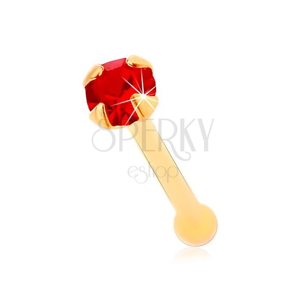 Piercing do nosa w żółtym 14K złocie, prosty - okrągła lśniąca cyrkonia czerwonego koloru, 1,5 mm