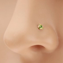 Piercing do nosa z żółtego 14K złota - jasnozielona lśniąca cyrkonia, 1,5 mm
