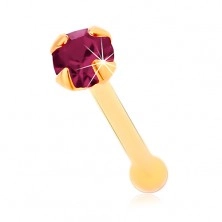 Piercing do nosa w żółtym 14K złocie - okrągła cyrkonia fioletowego koloru, 1,5 mm