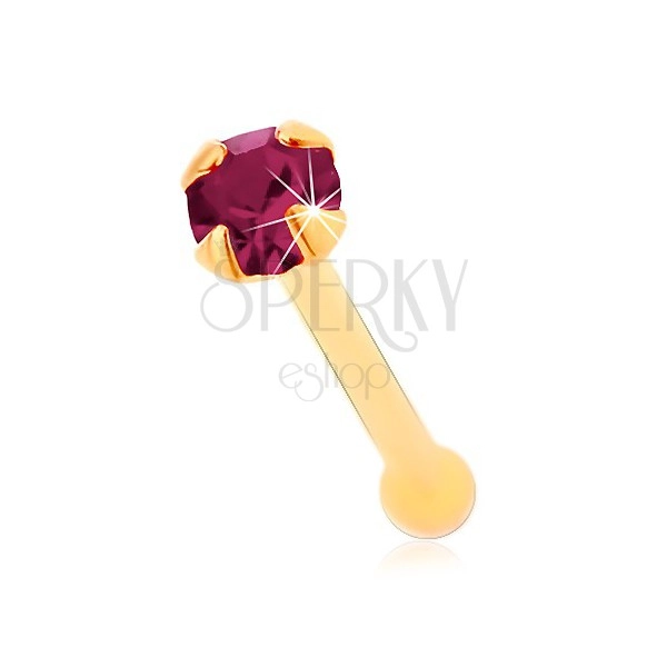 Piercing do nosa w żółtym 14K złocie - okrągła cyrkonia fioletowego koloru, 1,5 mm