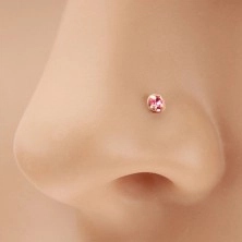 Złoty 375 piercing do nosa, prosty - lśniąca cyrkonia różowego koloru, 1,5 mm