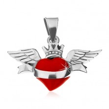 Pierścionek ze srebra 925, czerwone serce ze wstążką, koroną i skrzydłami.