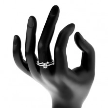 Srebrny pierścionek 925, rozdzielone ramiona, bezbarwna okrągła cyrkonia, listki