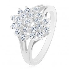 Lśniący pierścionek - srebrny kolor, rozgałęzione ramiona, bezbarwne okrągłe cyrkonie