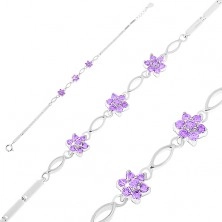 Srebrna bransoletka 925, lśniące kanciaste ogniwa, ziarnka i fioletowe cyrkoniowe kwiatki