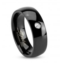 Czarny stalowy pierścionek, lśniące zaokrąglone ramiona, bezbarwna cyrkonia, 6 mm