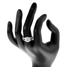 Srebrny pierścionek 925 - zaręczynowy, rozdzielone ramiona, błyszczące kółko z cyrkonią