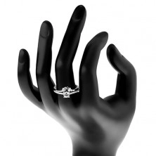 Zaręczynowy pierścionek, srebro 925, bezbarwna cyrkonia i błyszczące ramiona, listki