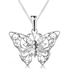 Srebrny 925 naszyjnik, motylek z wyciętymi ornamentami, łańcuszek