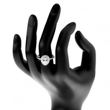 Srebrny zaręczynowy pierścionek 925, bezbarwna oszlifowana kropelka w podwójnym konturze