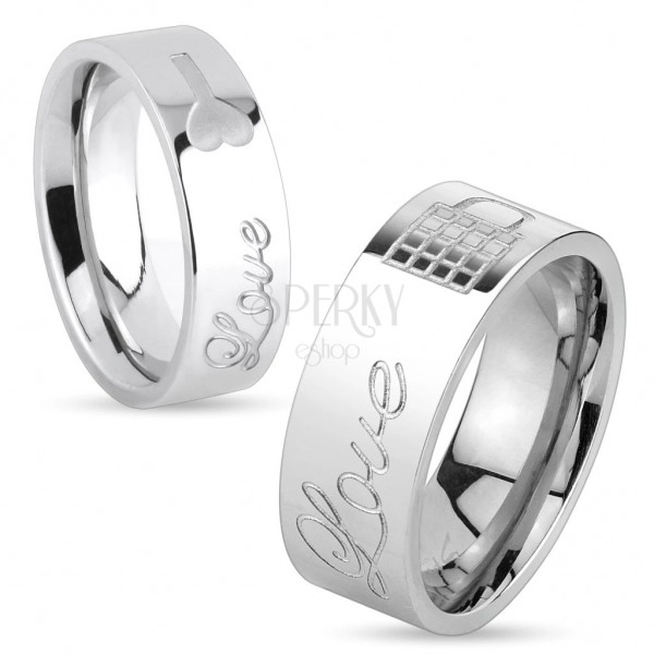 Lśniący stalowy pierścionek srebrnego koloru, napis Love i zamknięta kłódka, 8 mm