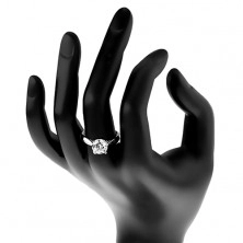 Zaręczynowy pierścionek - srebro 925, lśniące zaokrąglone ramiona, duża bezbarwna cyrkonia