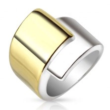 Stalowy pierścionek, szerokie nałożone na siebie ramiona złotego i srebrnego koloru